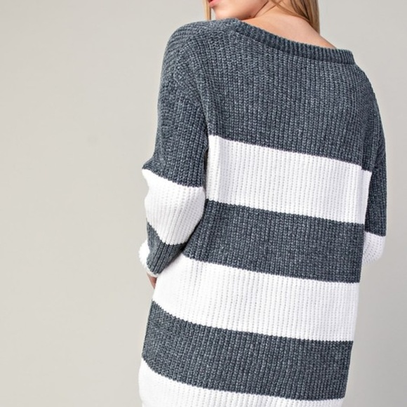 NWT CHENILLE V-NECK BOLD STRIPE SWEATER - Picture 3 of 5